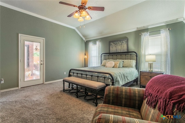 1306 Falcon Trl, Copperas Cove, TX 76522 - bedroom featuring ornamental molding, vaulted ceiling, carpet flooring, and ceiling fan