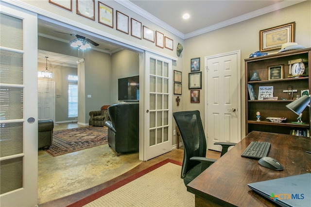 1306 Falcon Trl, Copperas Cove, TX 76522 - office area featuring concrete flooring, ornamental molding, french doors, ceiling fan, and recessed lighting