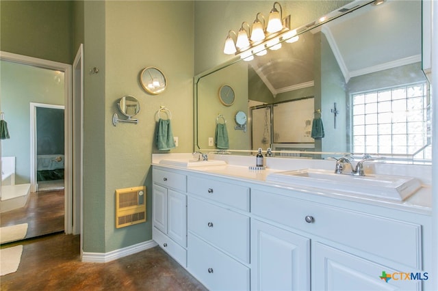 1306 Falcon Trl, Copperas Cove, TX 76522 - full bath featuring crown molding, heating unit, concrete floors, double vanity, and an enclosed shower