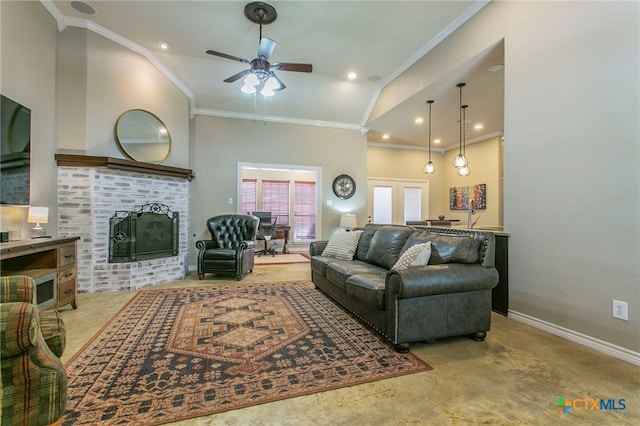 1306 Falcon Trl, Copperas Cove, TX 76522 - living area with crown molding, ceiling fan, a brick fireplace, vaulted ceiling, and recessed lighting