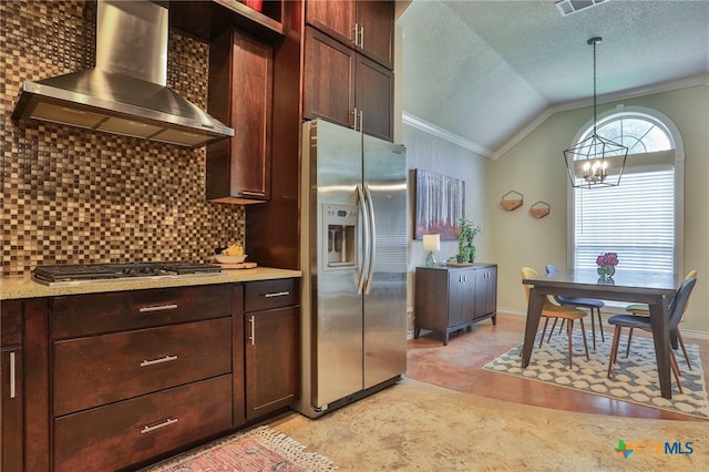 1306 Falcon Trl, Copperas Cove, TX 76522 - kitchen featuring stainless steel appliances, wall chimney range hood, crown molding, tasteful backsplash, and vaulted ceiling