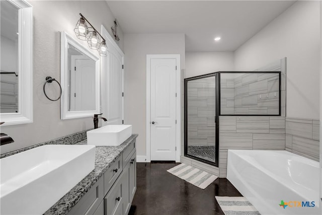 bathroom with vanity, plus walk in shower, and concrete flooring