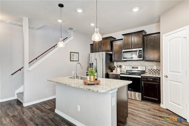 kitchen with dark wood-style flooring, an island with sink, visible vents, and appliances with stainless steel finishes