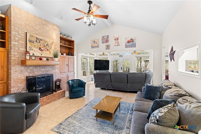 living room featuring light tile patterned floors, a ceiling fan, high vaulted ceiling, beam ceiling, and a brick fireplace