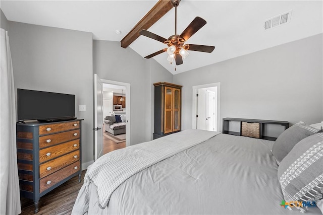 4130 Cripple Creek Dr, Temple, TX 76502 - bedroom with a ceiling fan, wood finished floors, visible vents, and vaulted ceiling with beams