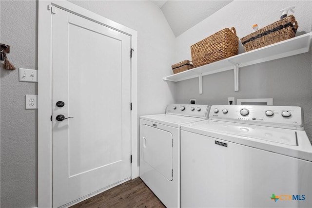 4130 Cripple Creek Dr, Temple, TX 76502 - clothes washing area featuring separate washer and dryer, a textured wall, laundry area, and dark wood-style flooring