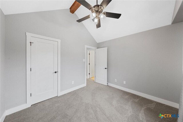 4130 Cripple Creek Dr, Temple, TX 76502 - unfurnished bedroom featuring beam ceiling, baseboards, carpet, a ceiling fan, and high vaulted ceiling