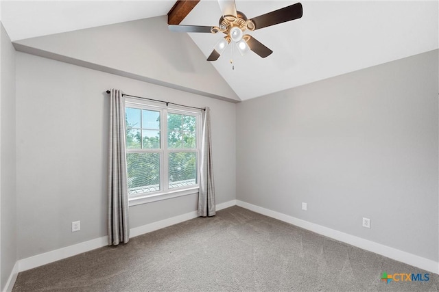 4130 Cripple Creek Dr, Temple, TX 76502 - carpeted empty room with high vaulted ceiling, ceiling fan, baseboards, and beamed ceiling