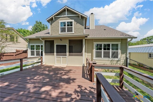 4130 Cripple Creek Dr, Temple, TX 76502 - rear view of house featuring a wooden deck, roof with shingles, a chimney, and fence