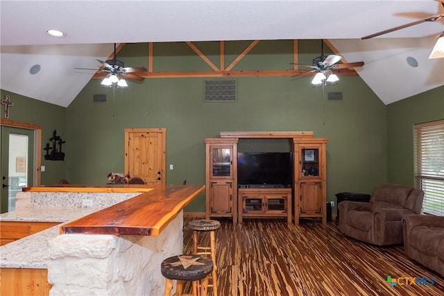 211 Cambridge Dr, New Braunfels, TX 78132 - living area featuring dark wood-style flooring, visible vents, a ceiling fan, and high vaulted ceiling