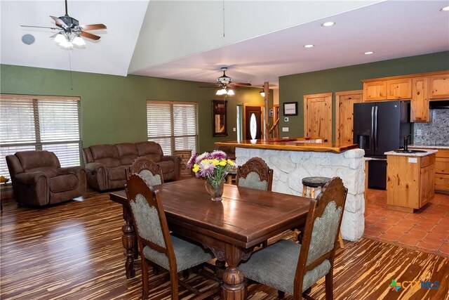 211 Cambridge Dr, New Braunfels, TX 78132 - dining room featuring tile patterned floors, a ceiling fan, high vaulted ceiling, and recessed lighting