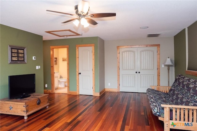 211 Cambridge Dr, New Braunfels, TX 78132 - unfurnished living room featuring a ceiling fan, visible vents, wood finished floors, and baseboards