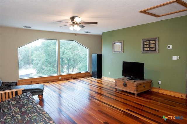 211 Cambridge Dr, New Braunfels, TX 78132 - living room with hardwood / wood-style floors, attic access, ceiling fan, baseboards, and visible vents
