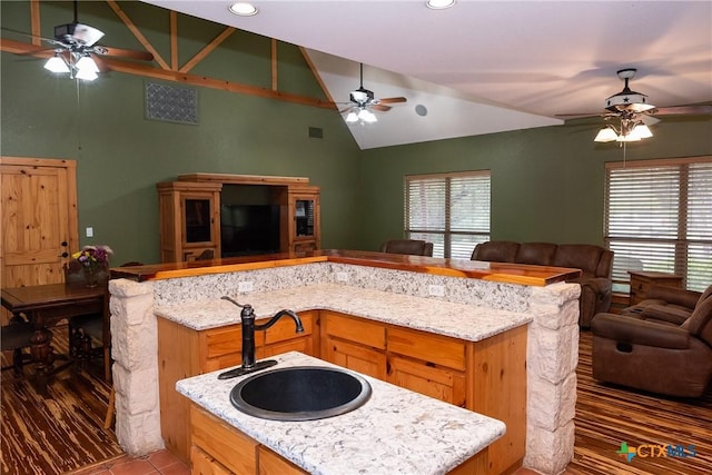 211 Cambridge Dr, New Braunfels, TX 78132 - kitchen with a ceiling fan, a sink, lofted ceiling, and open floor plan