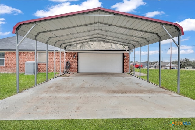 view of parking featuring a lawn, a garage, and a carport