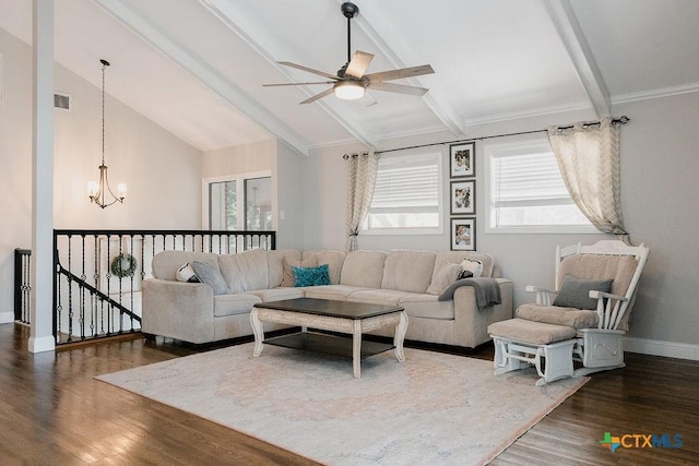 living area with ceiling fan with notable chandelier, wood finished floors, visible vents, baseboards, and vaulted ceiling with beams