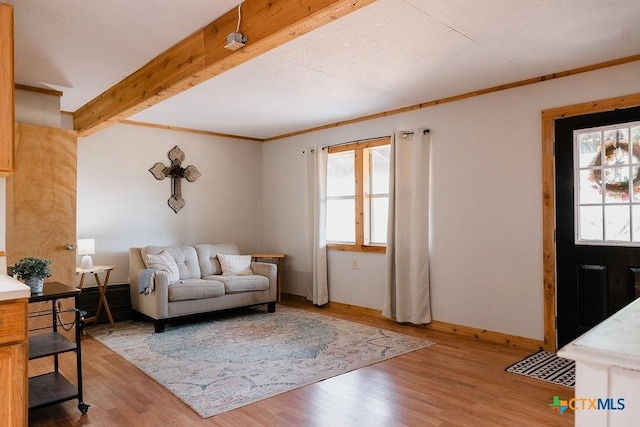 living room featuring crown molding, wood finished floors, baseboards, and beamed ceiling