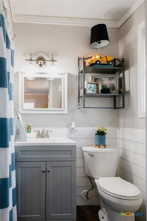 bathroom featuring toilet, vanity, and crown molding