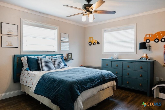 bedroom featuring crown molding, ceiling fan, baseboards, and dark wood-type flooring