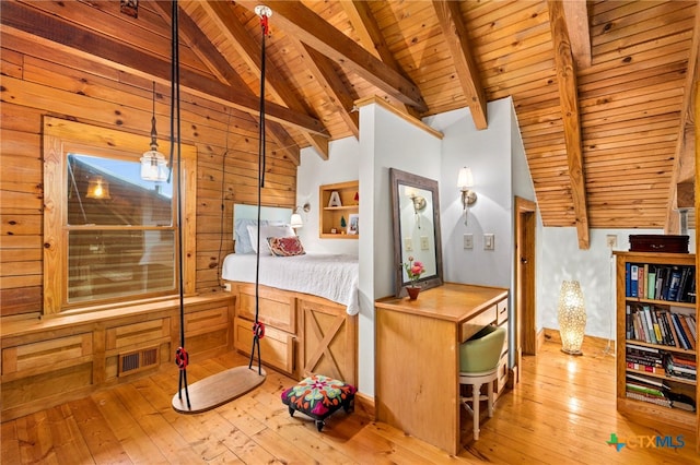 bedroom featuring light hardwood / wood-style floors, wood walls, beam ceiling, and wood ceiling