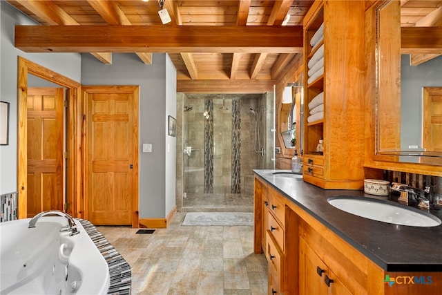 332 Westin Hls, New Braunfels, TX 78132 - full bathroom with a shower stall, wood ceiling with exposed beams, a whirlpool tub, double vanity, and wood finished floors