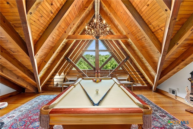 playroom with hardwood / wood-style floors, lofted ceiling with beams, billiards, and wood ceiling