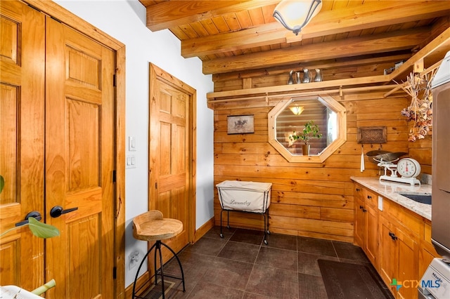 332 Westin Hls, New Braunfels, TX 78132 - bathroom with wooden ceiling with exposed beams, wood walls, and tile patterned floors