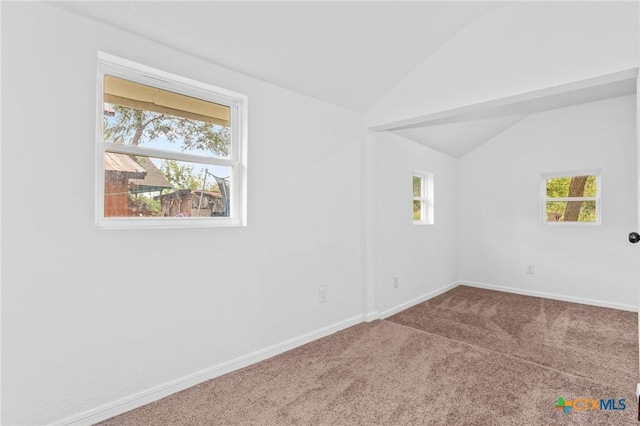 empty room featuring vaulted ceiling, baseboards, carpet flooring, and a healthy amount of sunlight