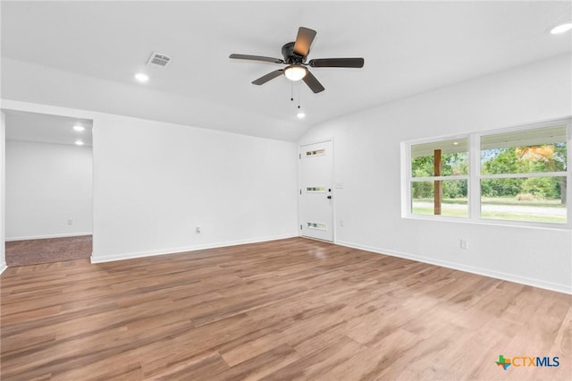 unfurnished room featuring visible vents, baseboards, ceiling fan, light wood-style floors, and recessed lighting