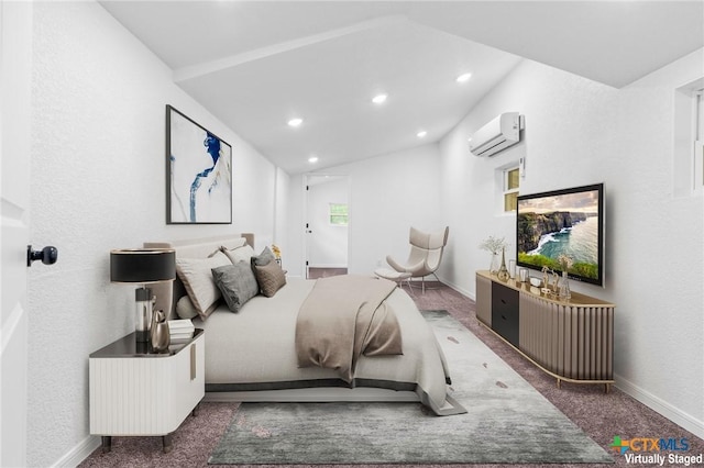 carpeted bedroom featuring recessed lighting, a wall unit AC, and baseboards