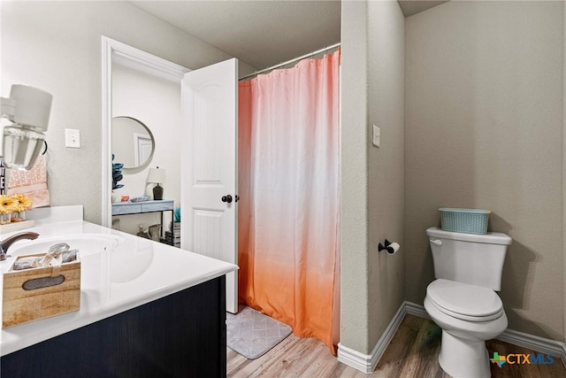 bathroom featuring a shower with curtain, vanity, wood-type flooring, and toilet