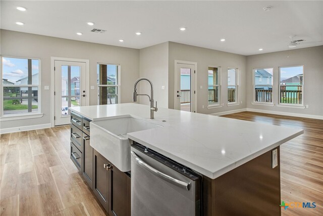 kitchen with stainless steel dishwasher, a wealth of natural light, sink, and light hardwood / wood-style flooring