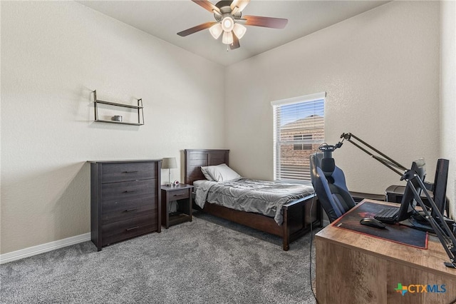 bedroom with carpet flooring, a ceiling fan, and baseboards
