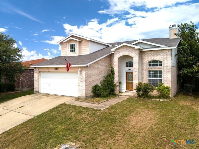 view of front of home featuring a garage, central air condition unit, and a front yard