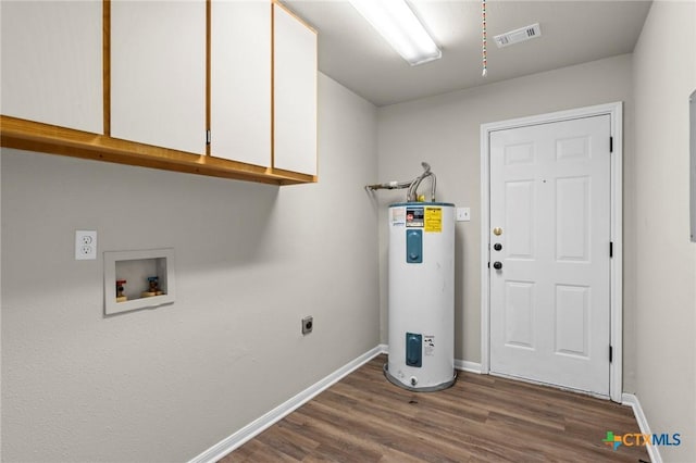 laundry area with water heater, dark hardwood / wood-style floors, cabinets, washer hookup, and hookup for an electric dryer