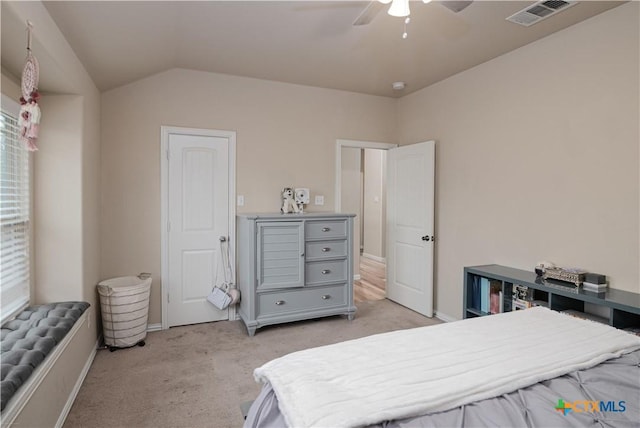 4208 Brookhaven Dr, Temple, TX 76504 - bedroom with light carpet, lofted ceiling, and ceiling fan