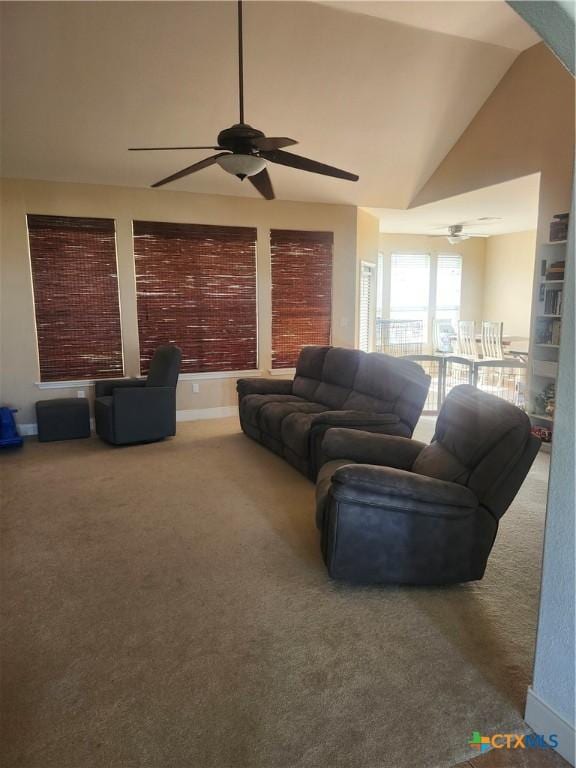 56 Post Oak Jct, Inez, TX 77968 - carpeted living area with ceiling fan and lofted ceiling