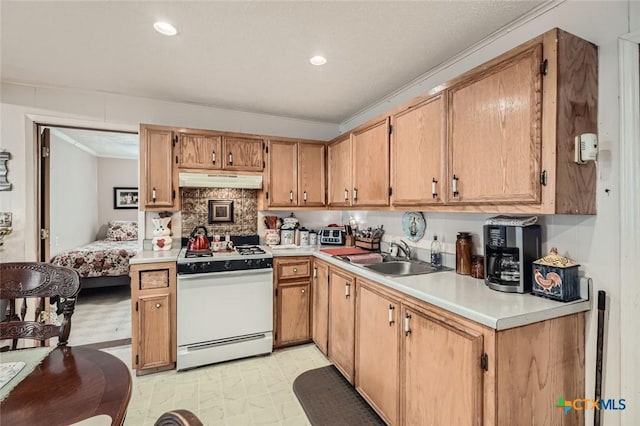 1309 Blackjack St, Lockhart, TX 78644 - kitchen featuring white gas range, a sink, crown molding, light countertops, and under cabinet range hood