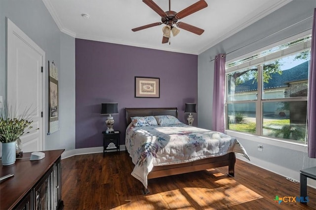 bedroom with ceiling fan, dark hardwood / wood-style flooring, crown molding, and multiple windows