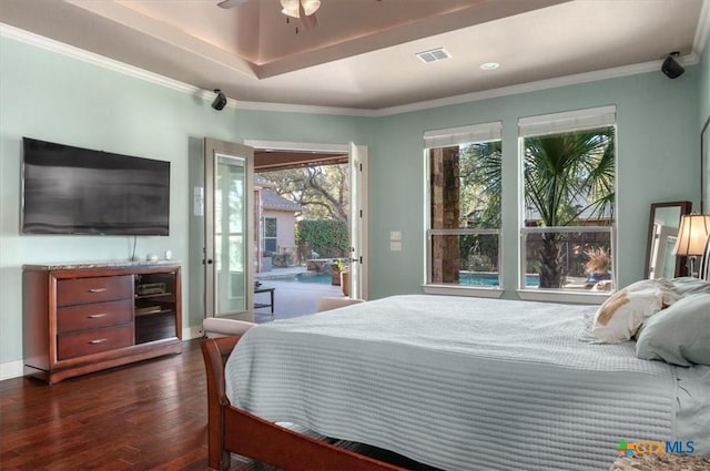 bedroom featuring ceiling fan, access to exterior, crown molding, and dark hardwood / wood-style floors