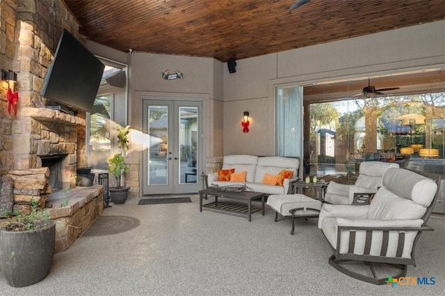 interior space featuring ceiling fan, an outdoor hangout area, and french doors