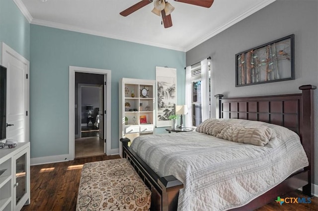 bedroom featuring ceiling fan, dark hardwood / wood-style flooring, and crown molding