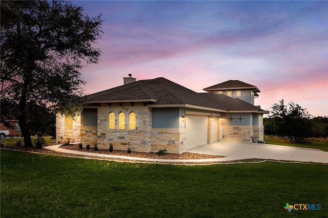 1607 Filtro, New Braunfels, TX 78132 - view of front of house with stone siding, an attached garage, concrete driveway, a lawn, and a chimney