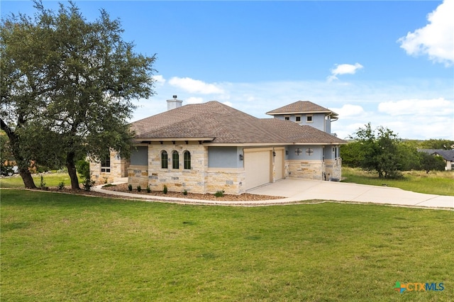 1607 Filtro, New Braunfels, TX 78132 - view of front facade with stone siding, a chimney, concrete driveway, a front lawn, and a garage