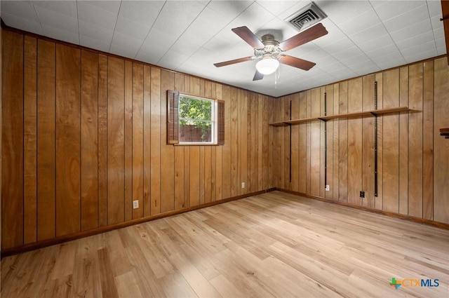 201 Hillcrest Dr, Luling, TX 78648 - unfurnished room featuring light wood finished floors, a ceiling fan, wooden walls, and baseboards