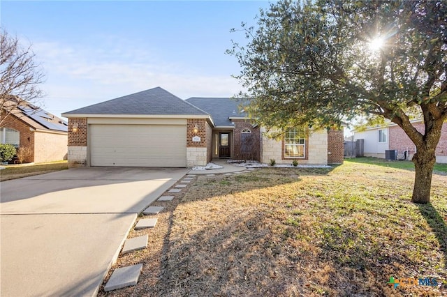 single story home with a garage, central AC unit, and a front lawn