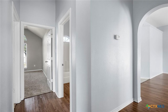 corridor featuring lofted ceiling and dark wood-type flooring