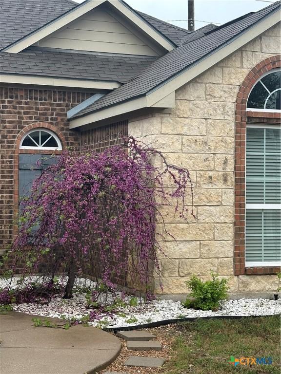 view of home's exterior with brick siding, a shingled roof, and stone siding