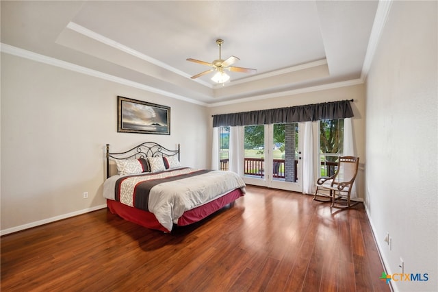 460 Shayla Ln, Canyon Lake, TX 78133 - bedroom with a raised ceiling, access to outside, ornamental molding, wood finished floors, and a ceiling fan