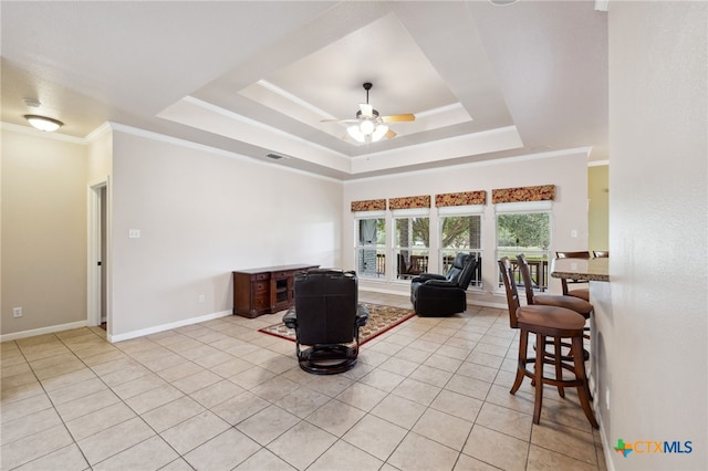 460 Shayla Ln, Canyon Lake, TX 78133 - living room featuring a raised ceiling, a ceiling fan, light tile patterned floors, and ornamental molding
